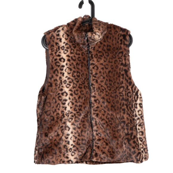 Cejon Leopard Print Faux Fur Vest L Womens Full Zipper Soft Pockets High Neck - Picture 1 of 5